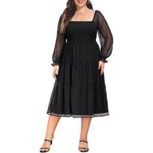 New Women's Puff Sleeve Square Neck Sundress Chiffon Swiss Dot Black 18 Plus